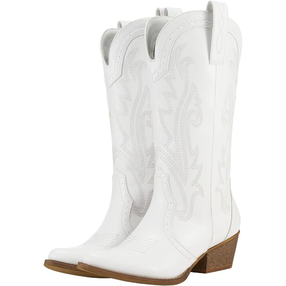 Ⓜ️Women's White Pointed Toe Stitched Embroidery Mid Heel Traveling Cowgirl Boot